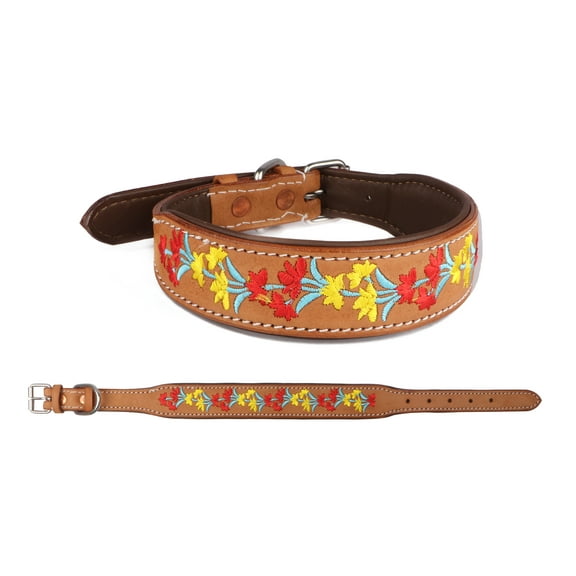 Small 13''- 17'' Padded Leather Floral Embroidered Dog Collar 60BT07
