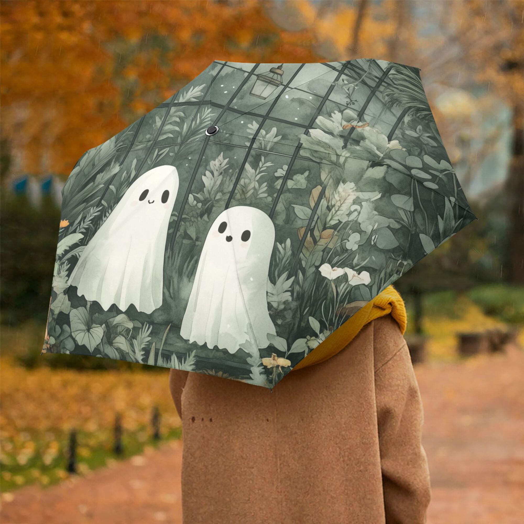 FORMRS Travel Umbrella Folding Auto Open Close Windproof Rain UV Protection, Cute Ghosts Playing