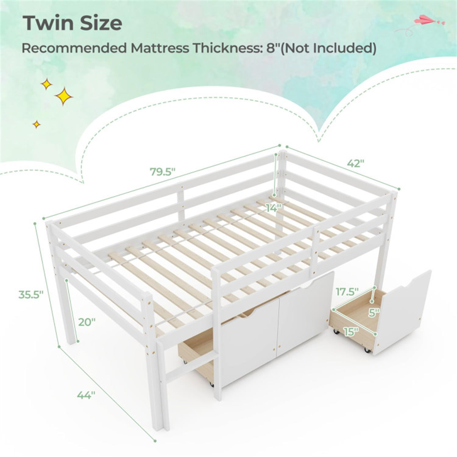 Demi Bonn Twin Size Loft Bed, Solid Wood Loft Bed with 3 Drawers with Ladder and Full-length Guardrails, Modern Wooden Bed Frame for Teens, White