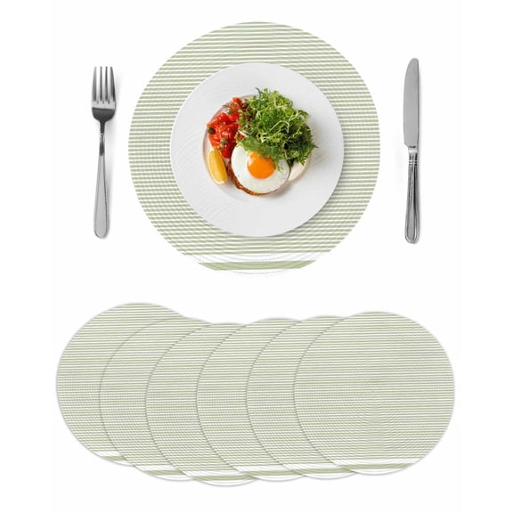 Farmhouse Sage Green White Striped Round Placemats Set of 6 for Dinning Tables,Heat-proof Braided Table Mats 15 Inch,Modern Stripes Washable Place Mat for Kitchen Restaurant Party Decor Table Setting