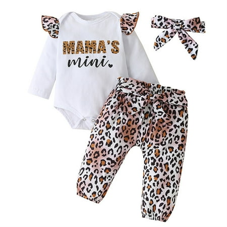 

0-24 Months Baby Girl Clothes Set Infant Girls Mama s Mini Romper Leopard Print Pants Headband Outfits，3 Pack White 6-12 Months