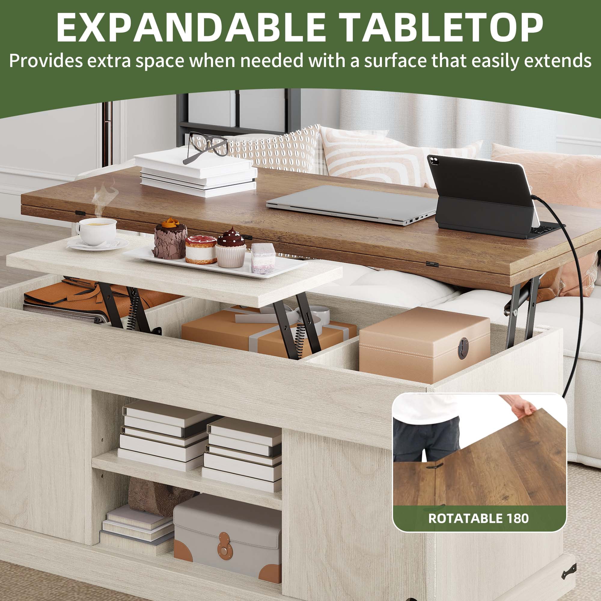Uforic Farmhouse Lift Top Coffee Table with Charging Station & Barn Doors Storage, Brown