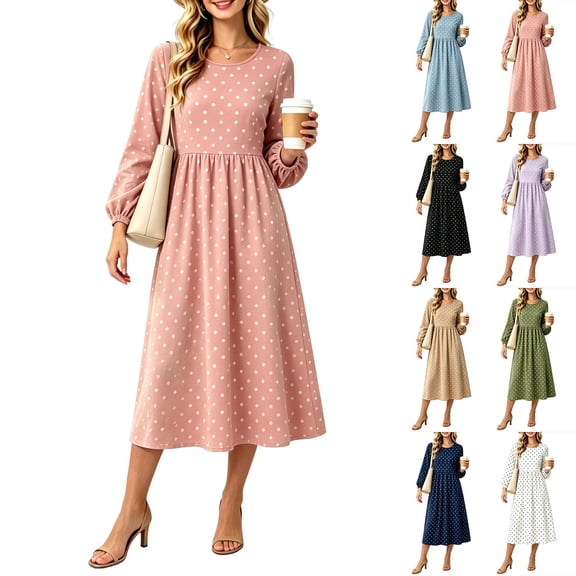 VBVC Women's Polka Dot Smocked Waist Midi Dress , Ladies' Long Sleeve Crew Neck A-Line Modest Dress , Casual Fall Flowy Swing Dresses For Women,Army Green,S-2XL
