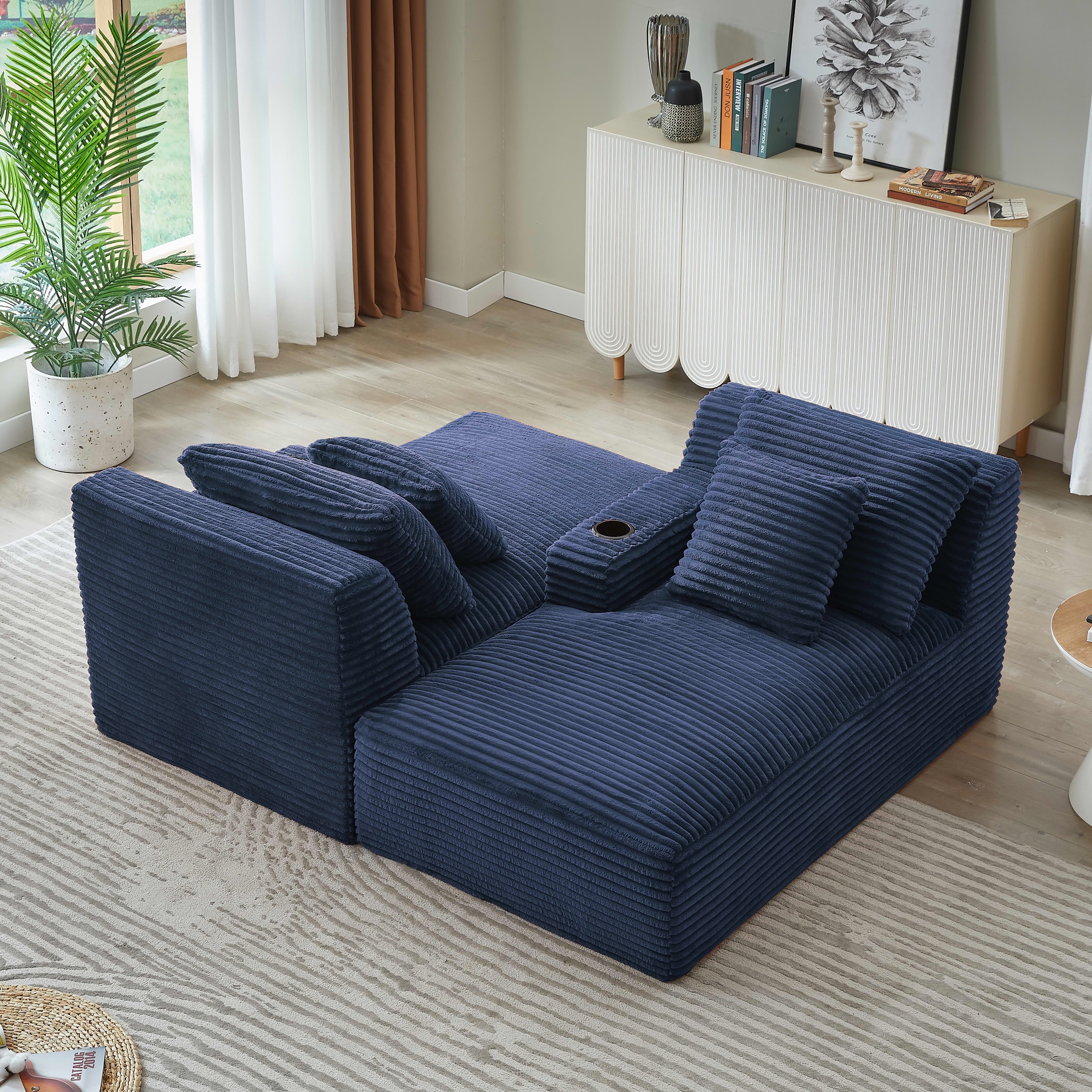 MAYEERTY Corduroy Double Chaise Lounge Sleeper with Cupholders, Spring Padding for Living Room Bedroom, Blue