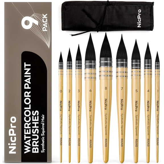 Nicpro Professional Watercolor Paint Brushes with Nylon Bag, 9 Pcs Mop Paintbrush, Round Synthetic Squirrel Hair, Bulk Paint Brushes for Watercolor Painting, Gouache, Acrylic, Oil, Wood Color