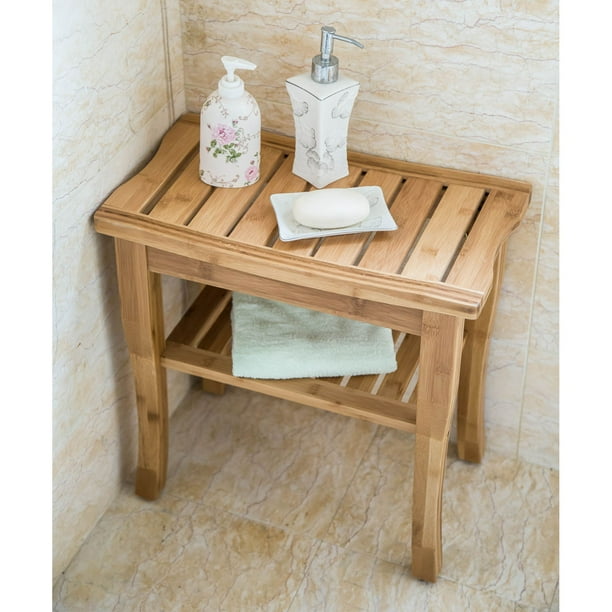 Bamboo shower seat bench with storage shelf hotsell