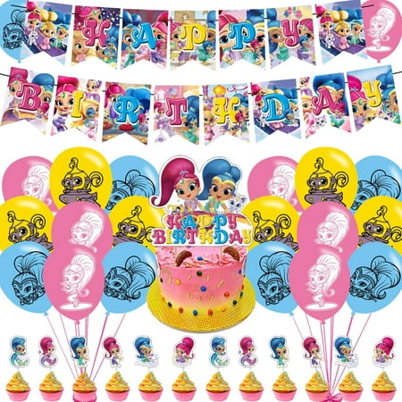 Shimmer and Shine Party Decorations,Girl Birthday Party Supplies Includes Banner Cake Topper 12 Cupcake Toppers 18 Balloons, Blue
