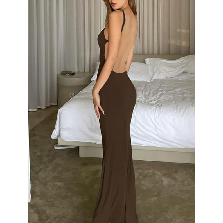 Women Backless Maxi Dress Bodycon Sexy Open Back Square Neck Going Out  Elegant Party Tank Dress Low Cut Dress