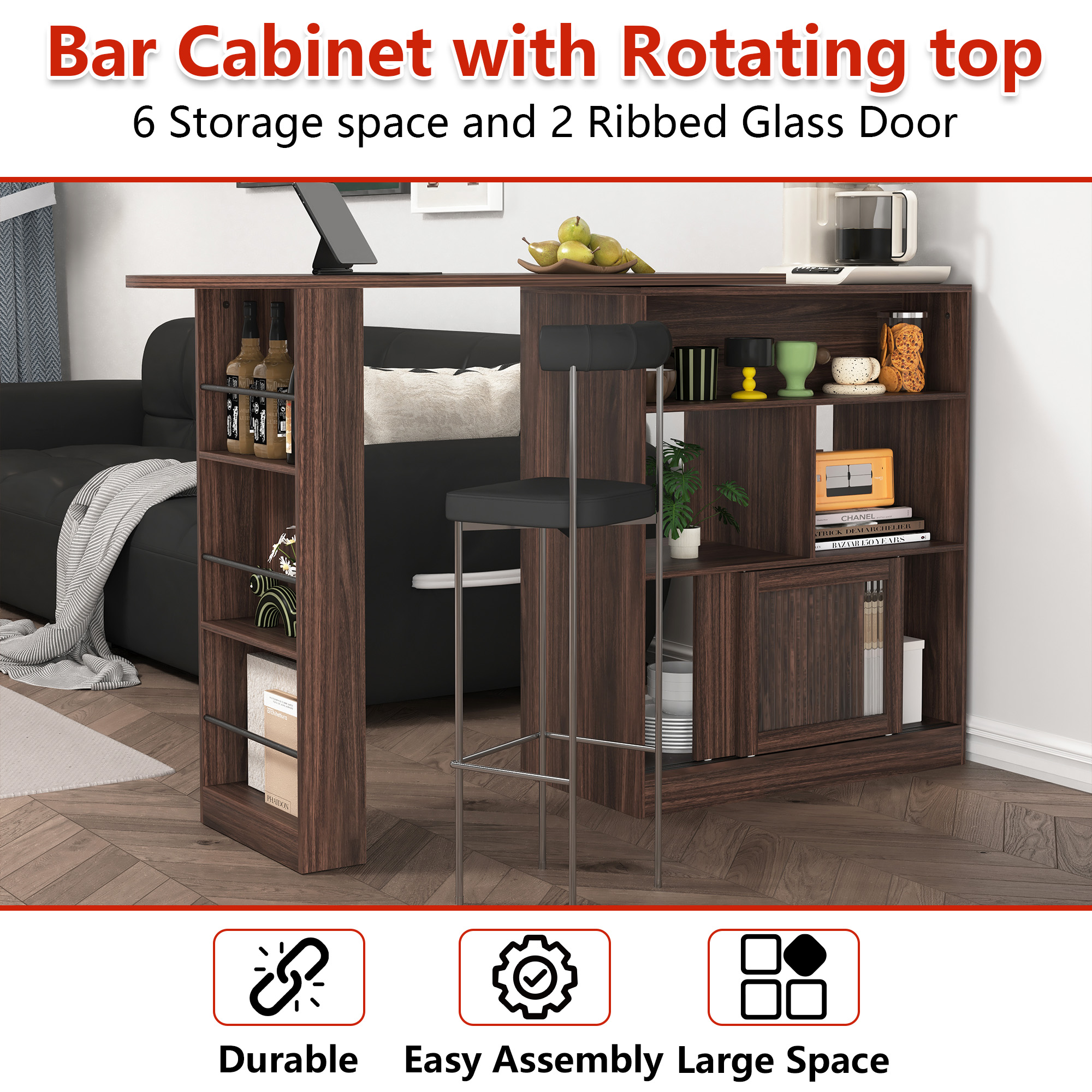 MOONMISS Walnut 3 Storage Shelves Rotating Top Modern Bar Cabinet with 6 Storage space and 2 Ribbed Glass Door