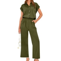Meichang Women's 2 Piece Sets Summer Dressy Casual Outfits Cap Sleeve Button Down Shirts and Wide Leg Pants Sets Lounge Sets with Pockets