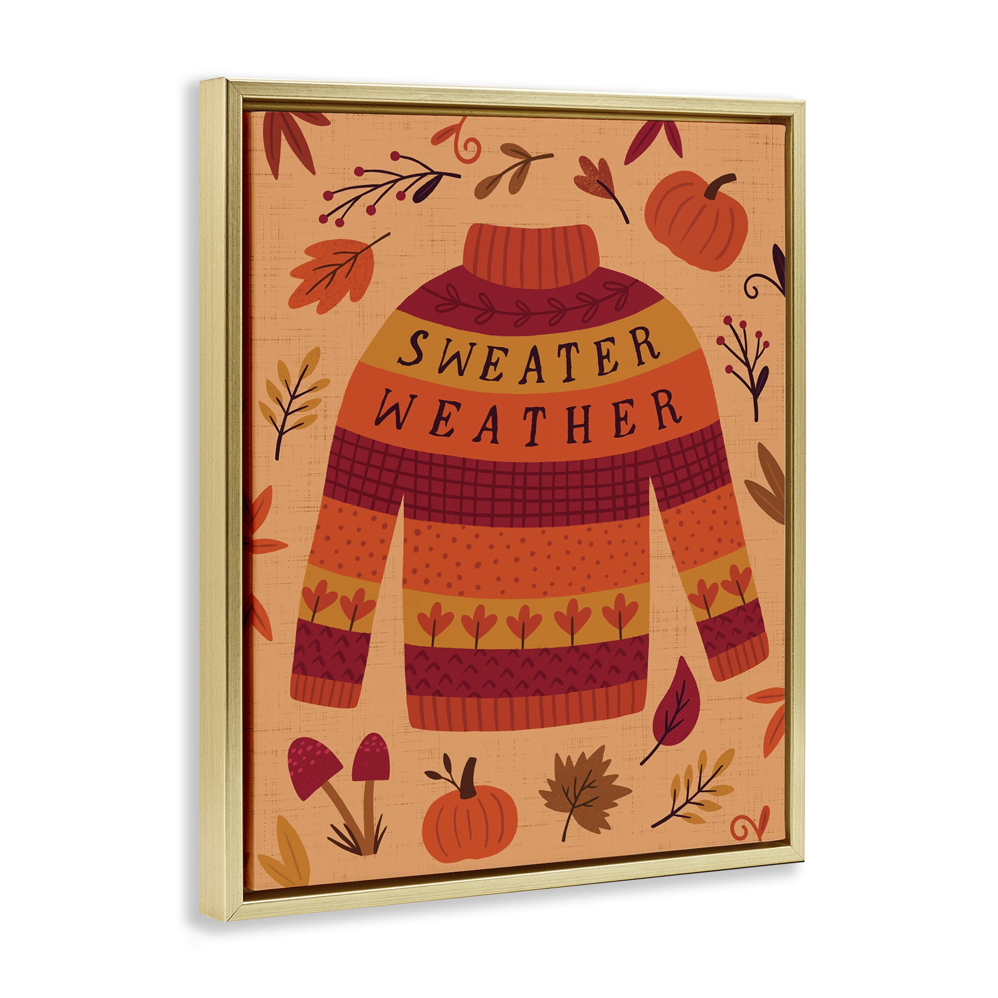 Stupell Industries Sweater Weather Cozy Fall Holiday Painting Gold Floater Framed Canvas Art Print Wall Art, 17 x 21