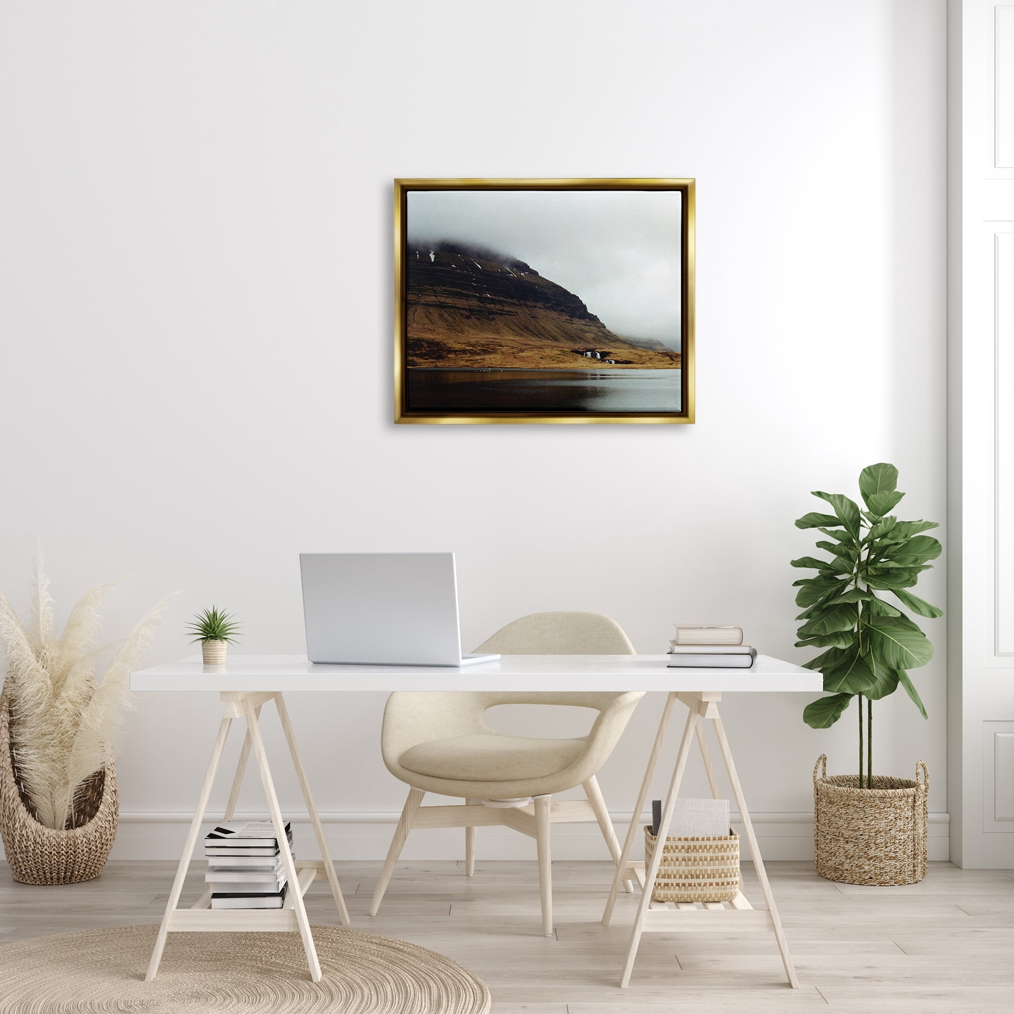 Stupell Industries Lake Side Cliffs Looming Fog Plateau Landscape Photograph Metallic Gold Floating Framed Canvas Print Wall Art, Design by Lynann Colligan