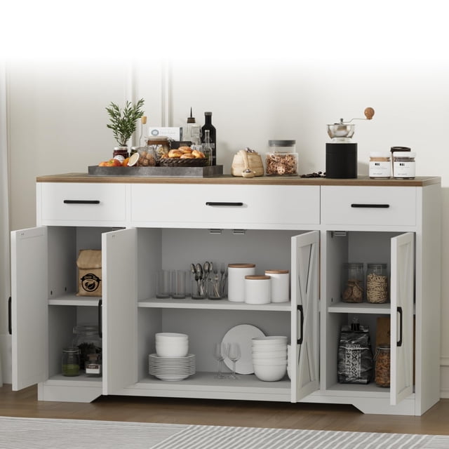 Yeshouse Aparador grande de 55 pulgadas con almacenamiento, gabinetes de cocina estilo rústico, gabinetes de almacenamiento tipo buffet modernos con estantes, puertas y cajones ajustables