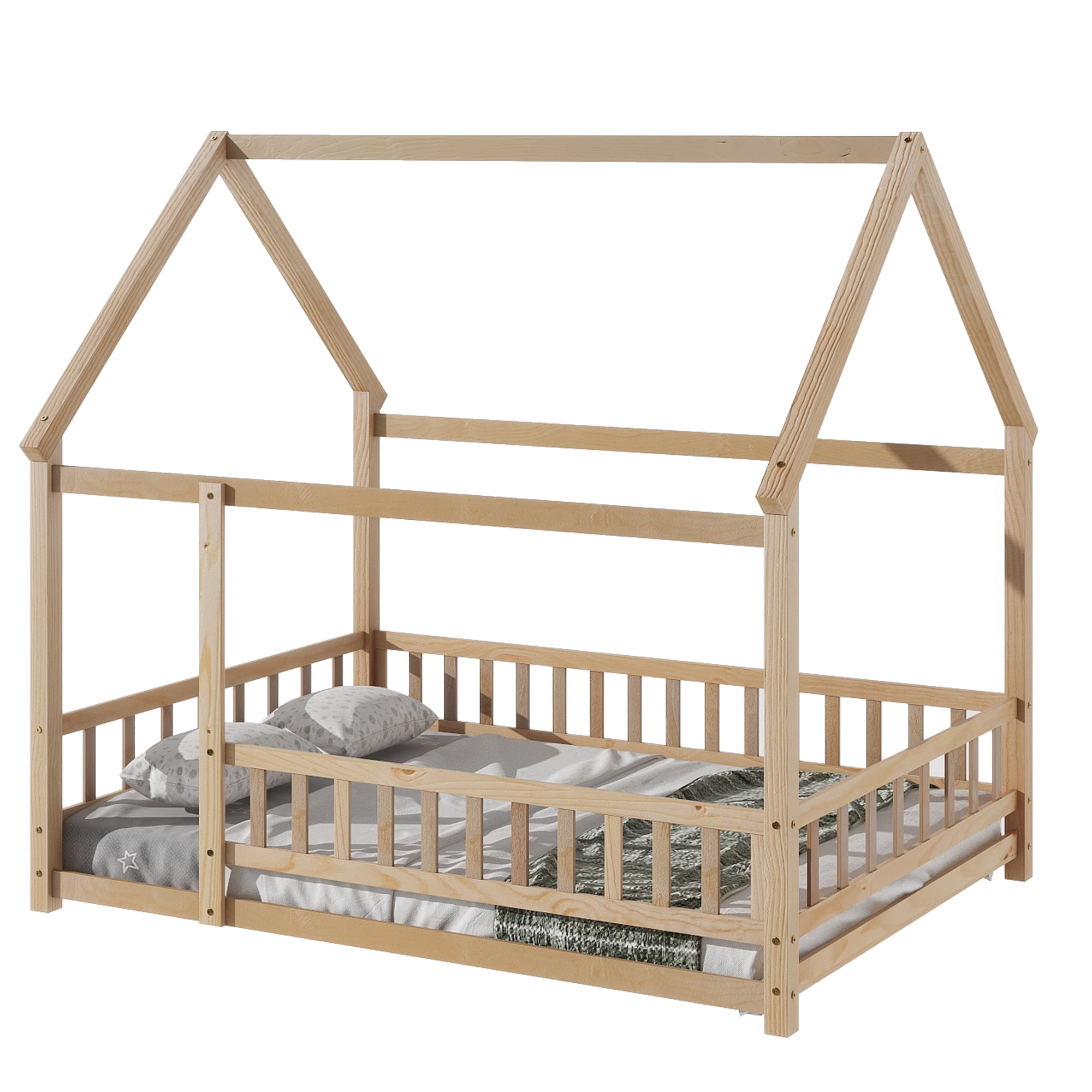 Miniyam Full Size Floor Bed with House Roof & Fence for Toddler, Natural