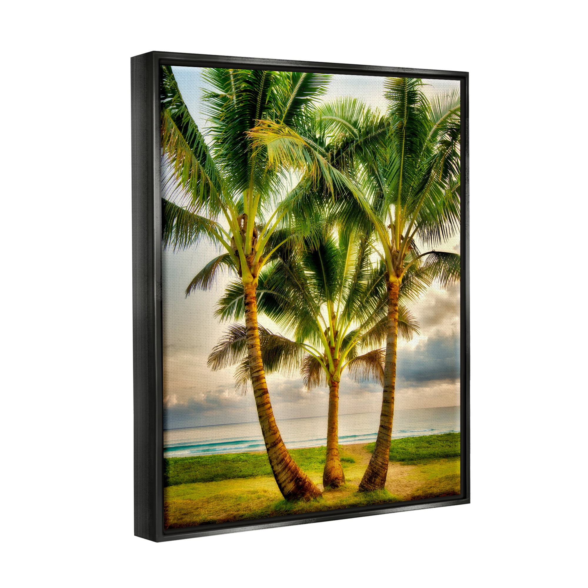 Stupell Industries Three Palm Trees on Beach Nature Painting Black Floater Framed Art Print Wall Art, 17 x 21