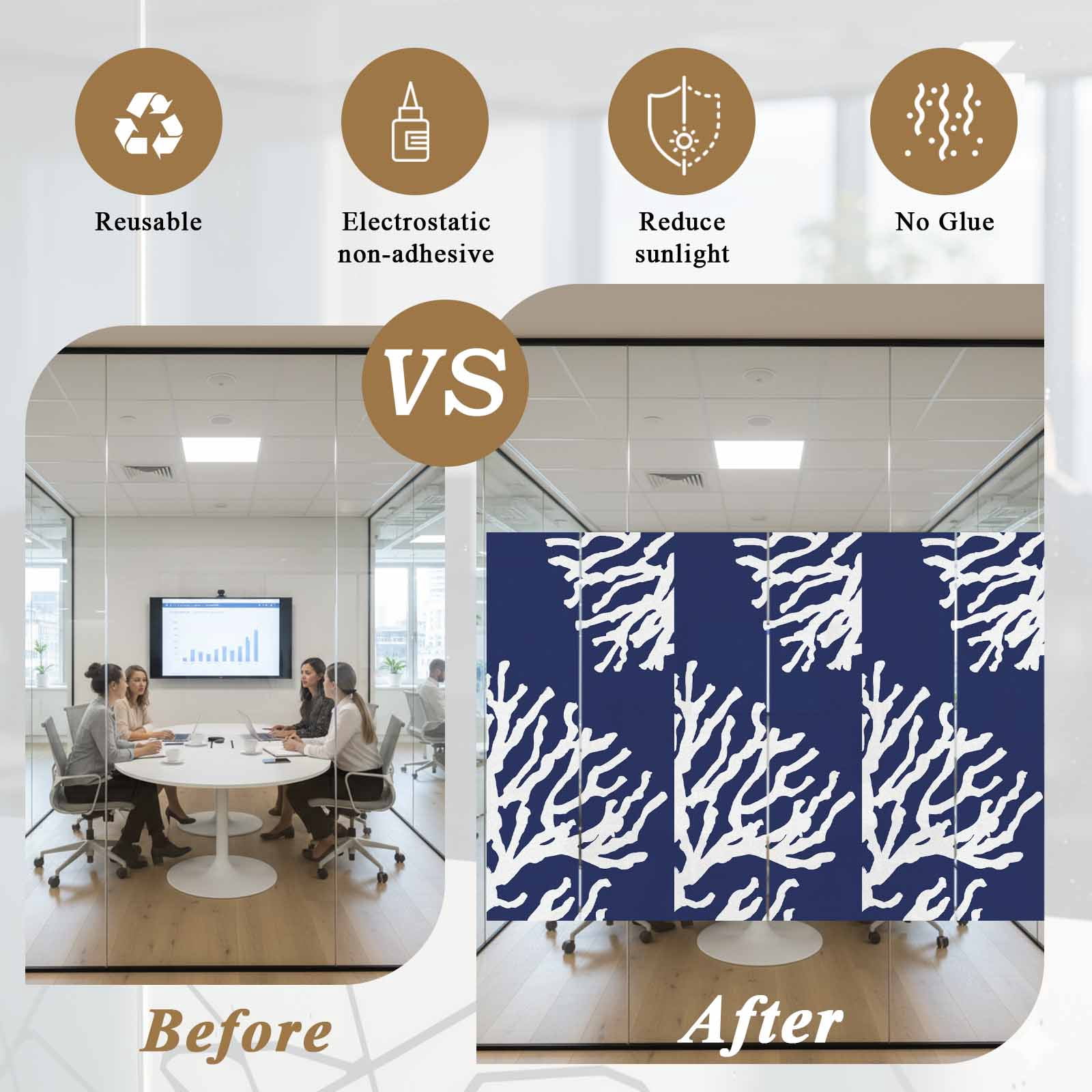 Coral Navy Blue Window Privacy Film, Coastal Ocean Marine Nautical Beach Static Cling UV Sun Blocking Heat Control Window Tint Day and Night, Non-Adhesive One Way Windows Privacy Cover 17.7''x39.3''