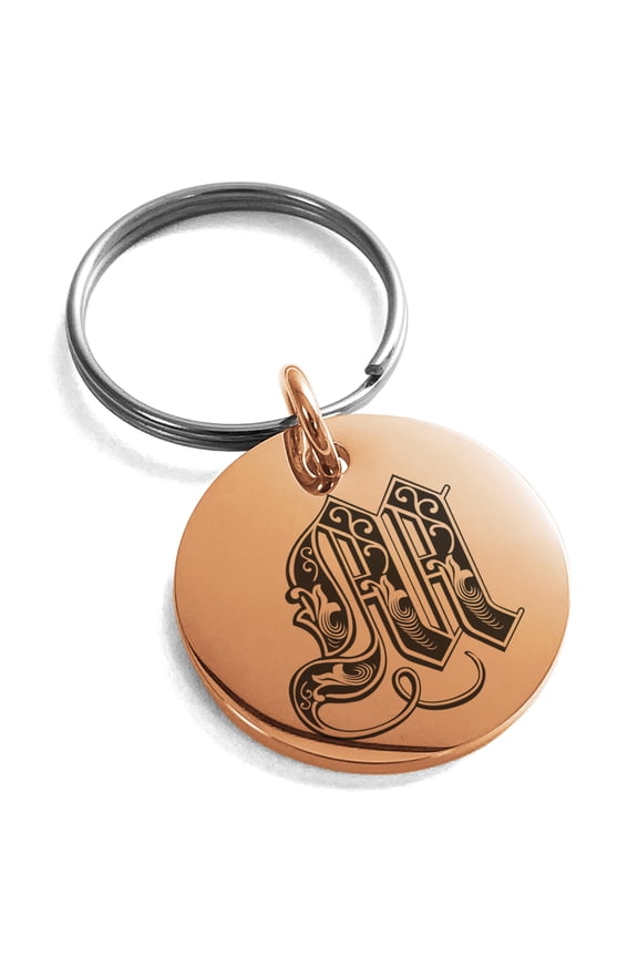 Stainless Steel Letter M Initial Royal Monogram Engraved Small Medallion Circle Charm Keychain Keyring