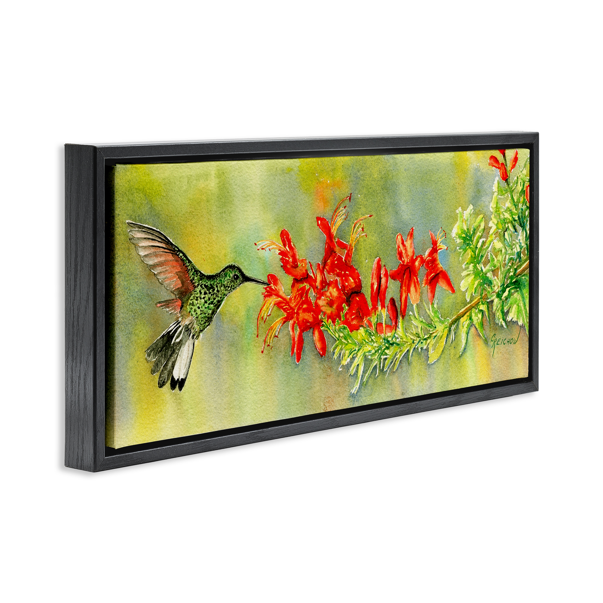 Stupell Industries Quick Sip Hummingbird Animals & Insects Painting Black Floater Framed Canvas Art Print Wall Art, 25 x 11
