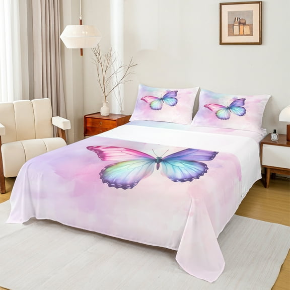 Manfei Dreamy Butterfly Child Twin Sheet Sets, Pink Watercolor Art Twin Fitted Sheet, Romantic Anniversary Flat Sheet, Luxury Bedroom Decor, 3 Pieces