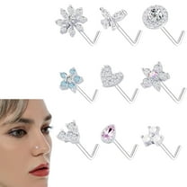 9Pcs L-Shaped Nose Rings - Flower CZ Snowflake Butterfly Screw Studs, 20G Hypoallergenic Silver Gold Rose Gold Tone, Body Piercing Jewelry for Women Men, Daily & Party Wear
