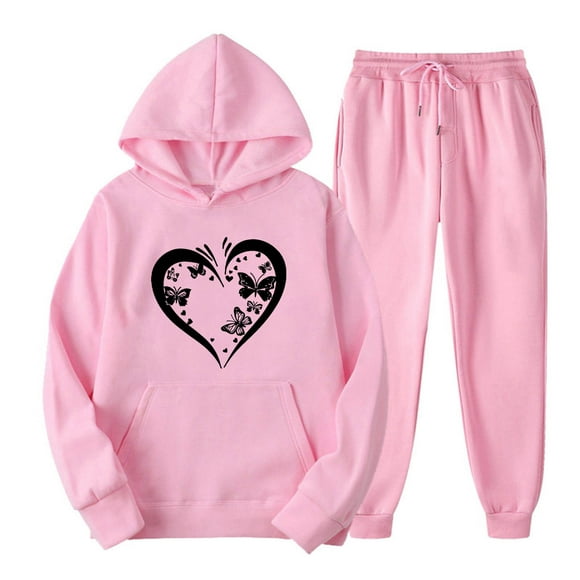 JURANMO Hoodie Sweatsuit for Women 2 Piece Sets Cute Teen Girls Heart Graphic Hooded Pullover Tops and Elastic Waist Jogging Sweatpants Tracksuit Pink L
