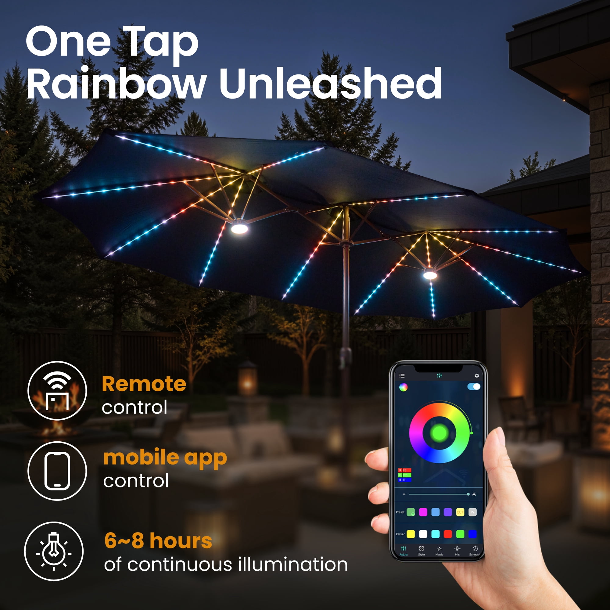 Ovios 15ft Solar LED Patio Umbrellas Double-Sided Outdoor Umbrella with 156 Colorful LED Lights Large Poolside Umbrella with Base, Blue