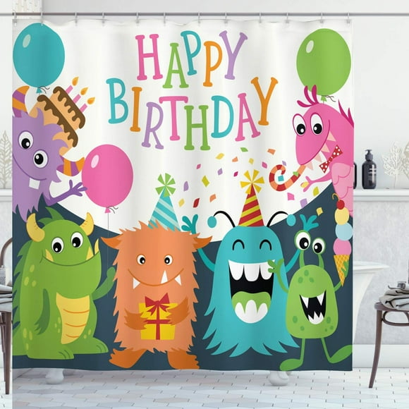 Little Monsters Celebration Shower Curtain - Fun Rain & Balloons Design, 69x70, Multicolor