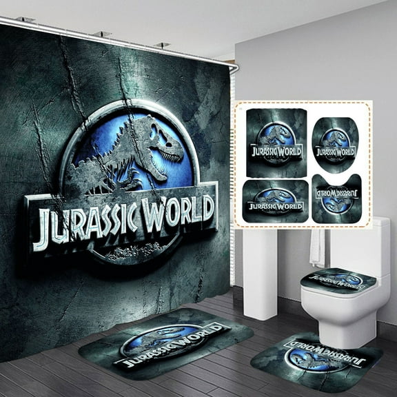 Dinosaur Bathroom 4 Pieces Set Toilet Lid Cover and Bath Mat, Non-Slip Rugs Shower Curtain Durable and Waterproof, for Bathroom Decor Set, 72" x 72"