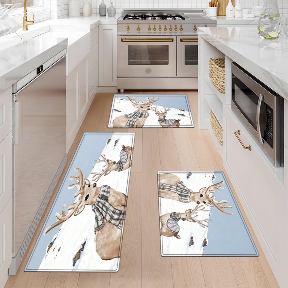 CCTFS A deer in a scarf Kitchen Decor Set of 3 Christmas Fall Kitchen Rugs, Xmas Decorative Farmhouse Floor Mats for Home Kitchen Dining Room Decorations - 16''*24'' and 20''*30'' and 17''*47'' inch