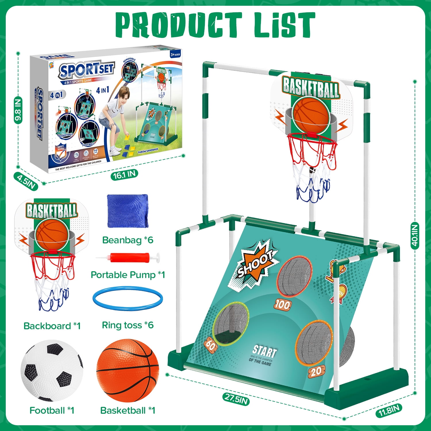 Huge Wave 5-in-1 Soccer Set for Boys Ages 3-8, Mobile Football Goal, Basketball, Indoor/Outdoor Games Toys for Kids Boys Girls, Christmas Birthday Gifts