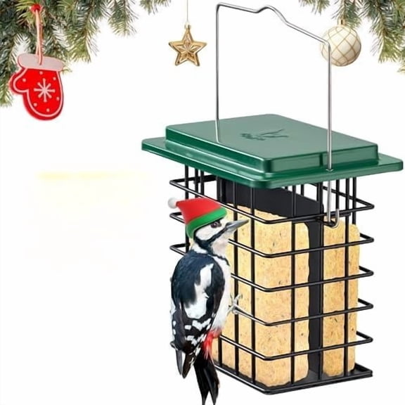 Double Suet Feeder- Metal Roof Bird Feeder with Taller Grid for Woodpeckers, Suet Cake Cage Bird Feeder for Outdoors Hanging,Easy-Clean & Refill,Green (1 Pack)