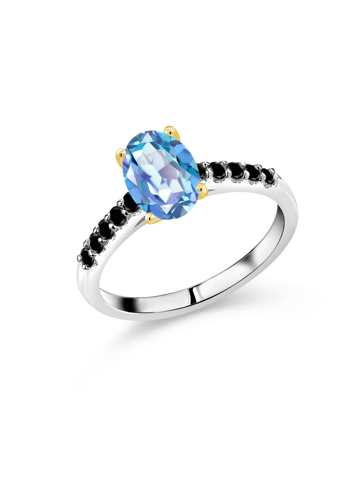 Gem Stone King 2.13 Ct Millennium Blue Mystic Quartz Black Diamond 925  Silver Ring with 10K Yellow Gold Prongs