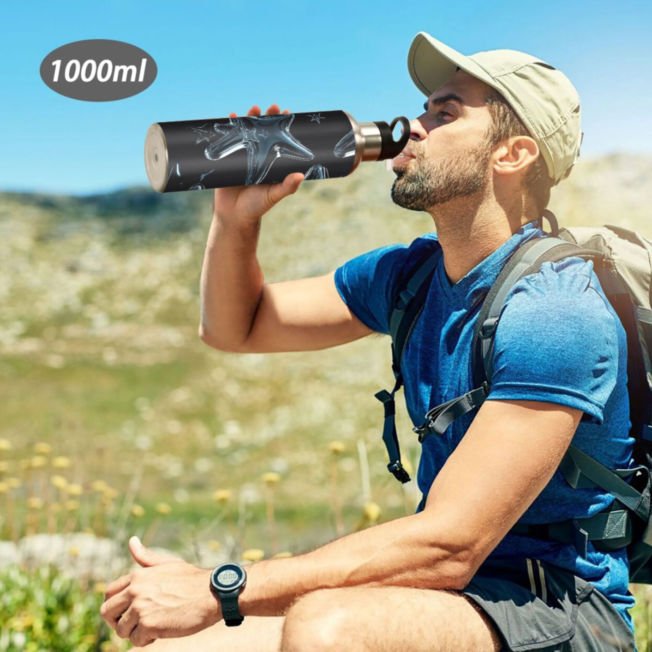 Transparent Glass Stars Sports Bottle with Straw Stainless Steel Water Jug Portable Thermal Cup Leak-proof 1000ML