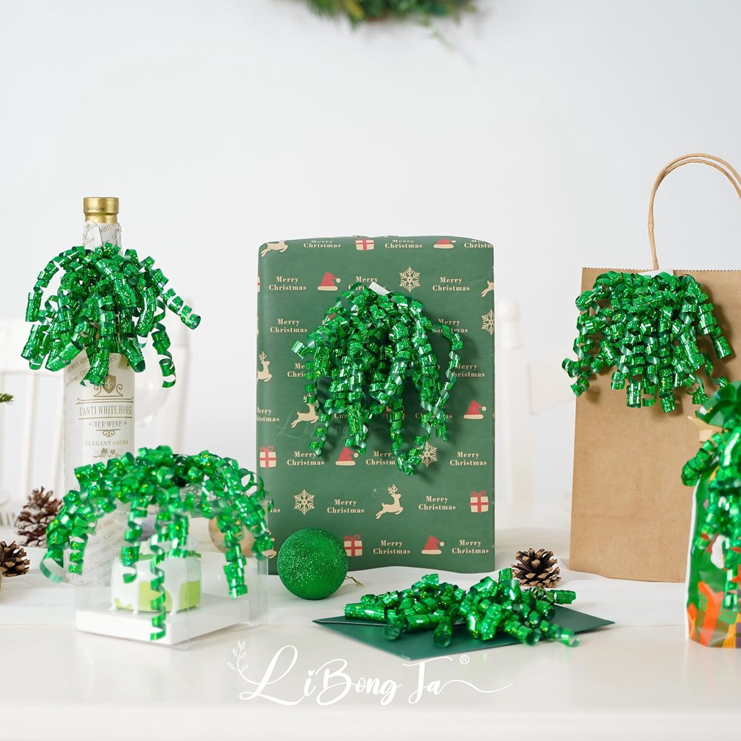 12 PCs Green Bows for Gift Wrapping 5 Inch Self Adhesive Curly Ribbon Bow for Party Favor, Gift Wrap Accessory, Metallic Christmas Bows, Premade Bows for Presents, Wine Bottles, Baskets