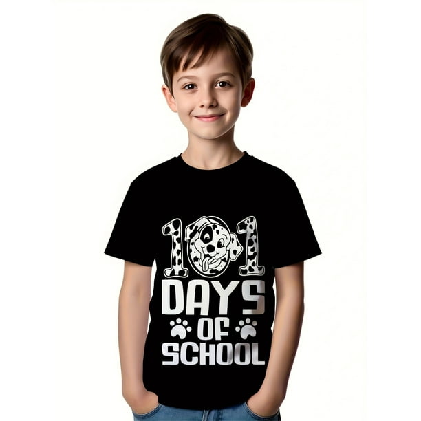 Teen "101 Days of School" Celebration T-Shirt - Cute Dog Design, Short Sleeve, Round Neck - Machine Washable, Suitable for All Seasons