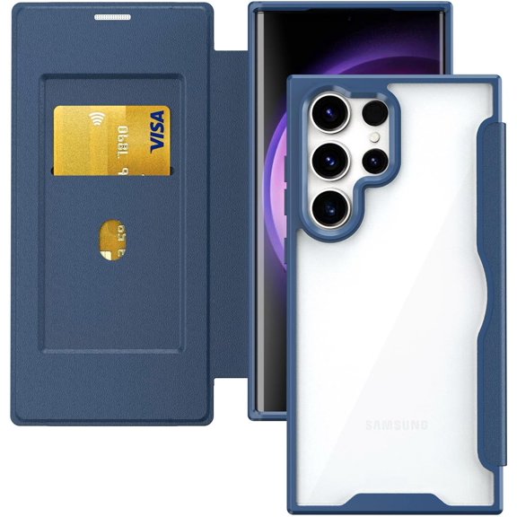 Case for Galaxy S24 Plus,Clear Back Design Heavy Duty Drop Protection Anti Theft Flip Leather Wallet Cover with Card Holder Shockproof Phone Case for Samsung Galaxy S24 Plus 5G,6.7 Inch 2024 (Blue)