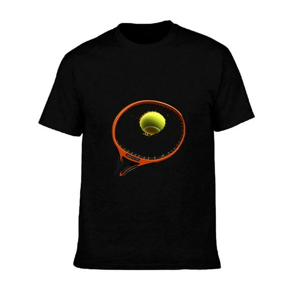 Men's Cotton Short Sleeve T-Shirt with Graphic Tennis Racket & Ball Design - Orange Frame Black Handle Yellow Ball - Sporty Tee Top
