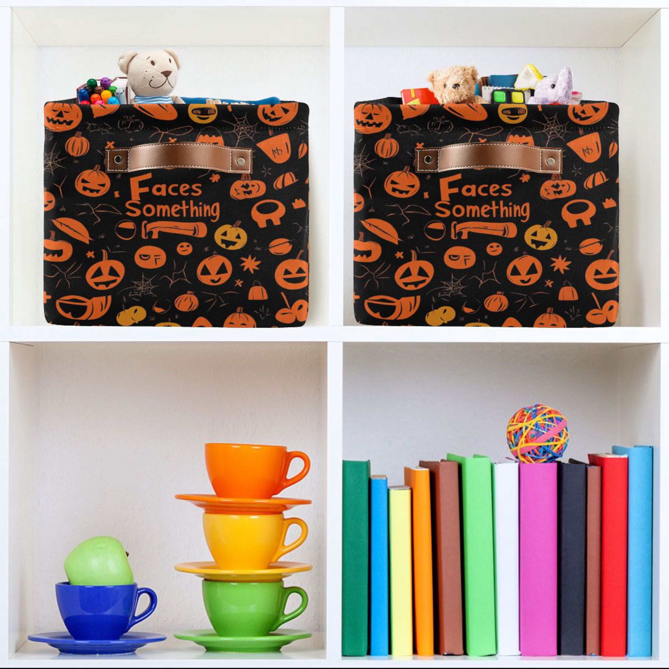 WOBOGO Pattern Of Black and Orange Halloween Symbols Square Storage Basket with Waterproof Canvas and PE Lining Durable PU Leather Handles 14.2×10.2×8.3in