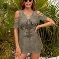 thumbnail image 3 of Vintage Fleur-de-lis Sepia Womens Summer V Neck Zipper Top Short Sleeve T Shirt Off Shoulder Top Casual Classy Loose Shirts, 3 of 7