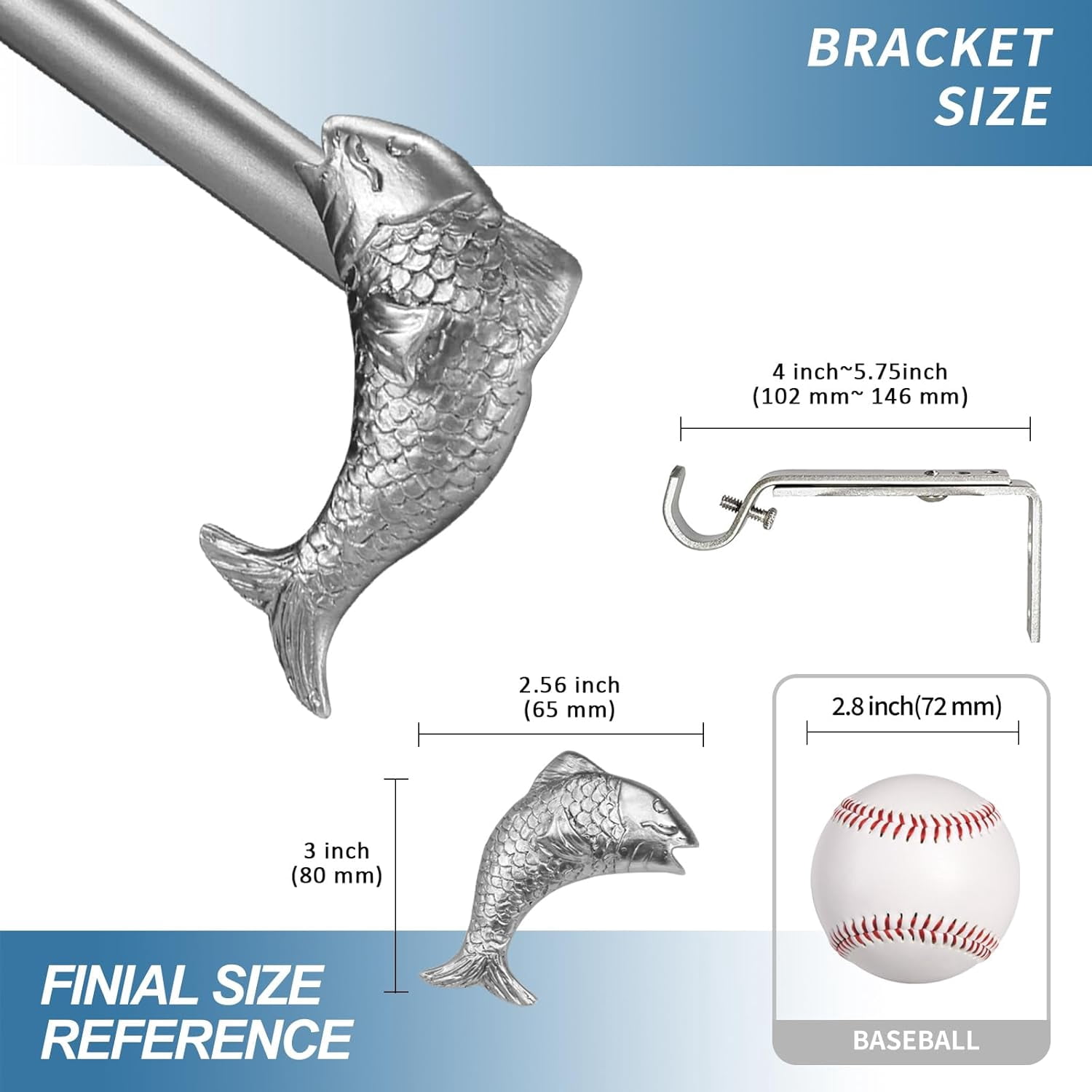 Urbanest Adjustable Single Curtain Rod Set Fish Finials – 3/4 - Inch Diameter, With Pewter Rod, 28–48 Inches