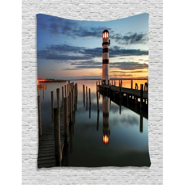Lighthouse Decor Wall Hanging Tapestry, Calm Dusk At Bay With