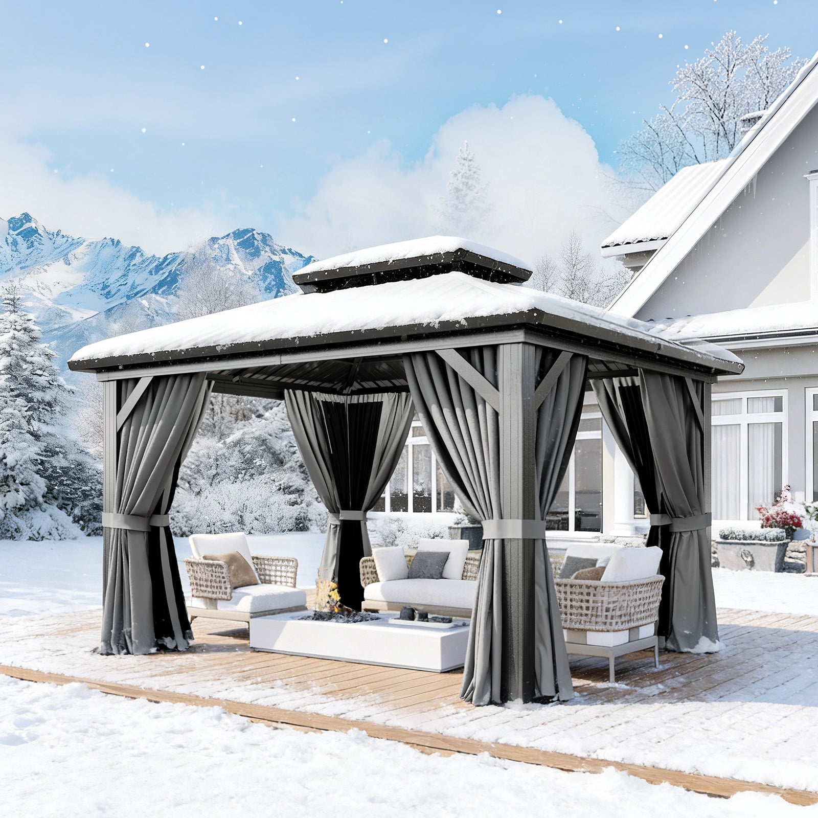 Dateyes 10x12 FT Outdoor Hardtop Gazebo, Aluminum Frame Gazebo with Removable Mesh Walls and Curtains for Patio, Lawns, Gray