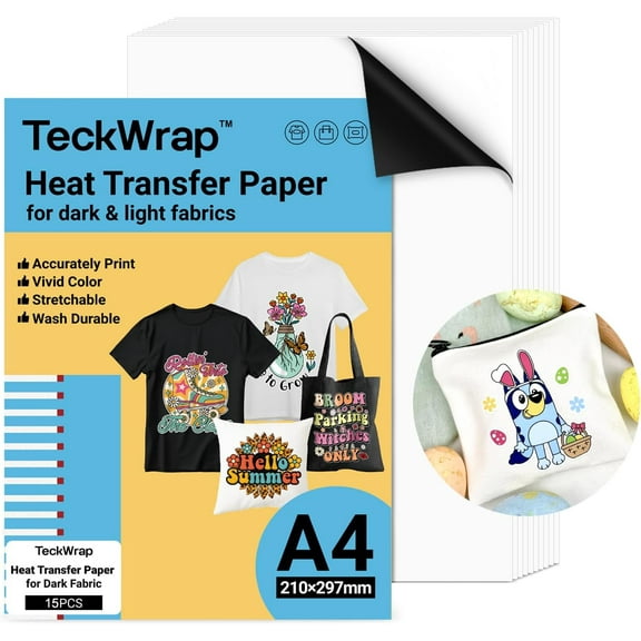 Printable Heat Transfer Paper for T-Shirts 15 Sheets, 8.3" X 11.7" Printable Heat Transfer Vinyl for Inkjet Printer, Iron on Transfer Paper for Light and Dark Fabric (Matte White)