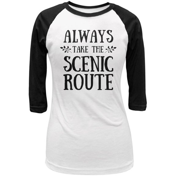 Hiking Always Take the Scenic Route White/Black Juniors 3/4 Sleeve Raglan T-Shirt - Small