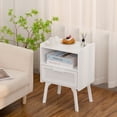 thumbnail image 2 of LEYAOYAO Nightstand with USB Ports, Woven Rattan Bedside Table with 1 Drawer and Lift-Up Legs, for Boho Bedroom, White, 2 of 6
