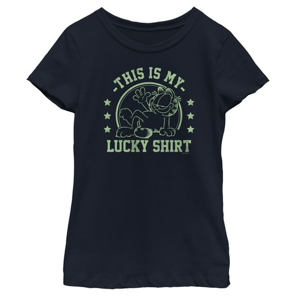 Girl's Garfield St. Patrick's Day This is my Lucky Shirt  Graphic Tee Navy Blue Large
