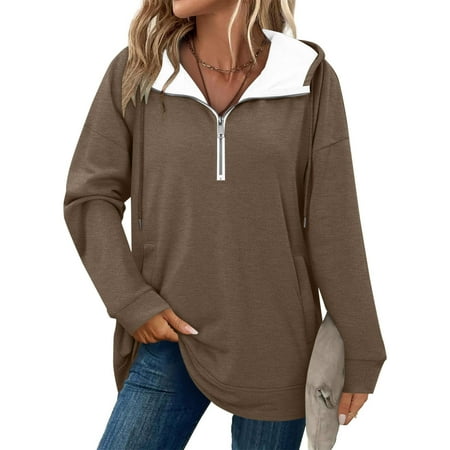 ClodeEU Women s Hooded Drawstring Sweatshirt Half Zip Pullover With Pockets Brown Womens Plus S