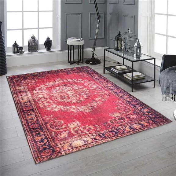 Mr. MJs Trading  Medallion Distressed Red Patterned Washable Rectangle Area Rug - Red - 5' x 7'