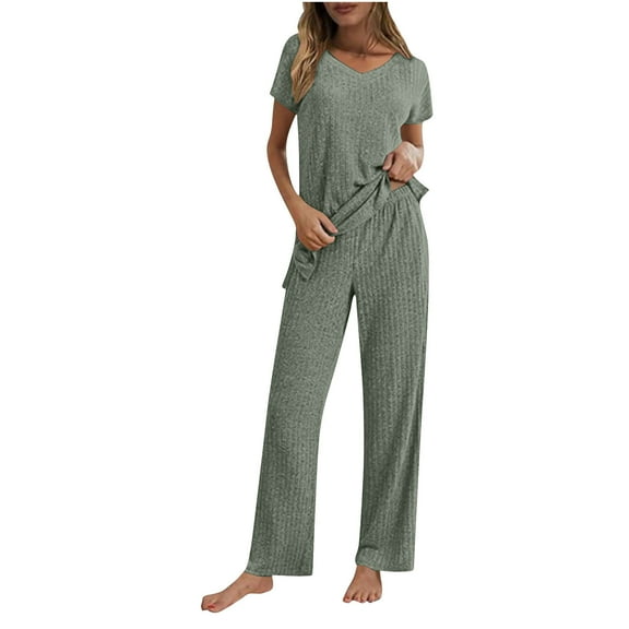 Solid Lounge Sets for Women Short Sleeve V Neck Shirts and Pants Ribbed Knit Sets Two Piece Womens Pajamas Sets