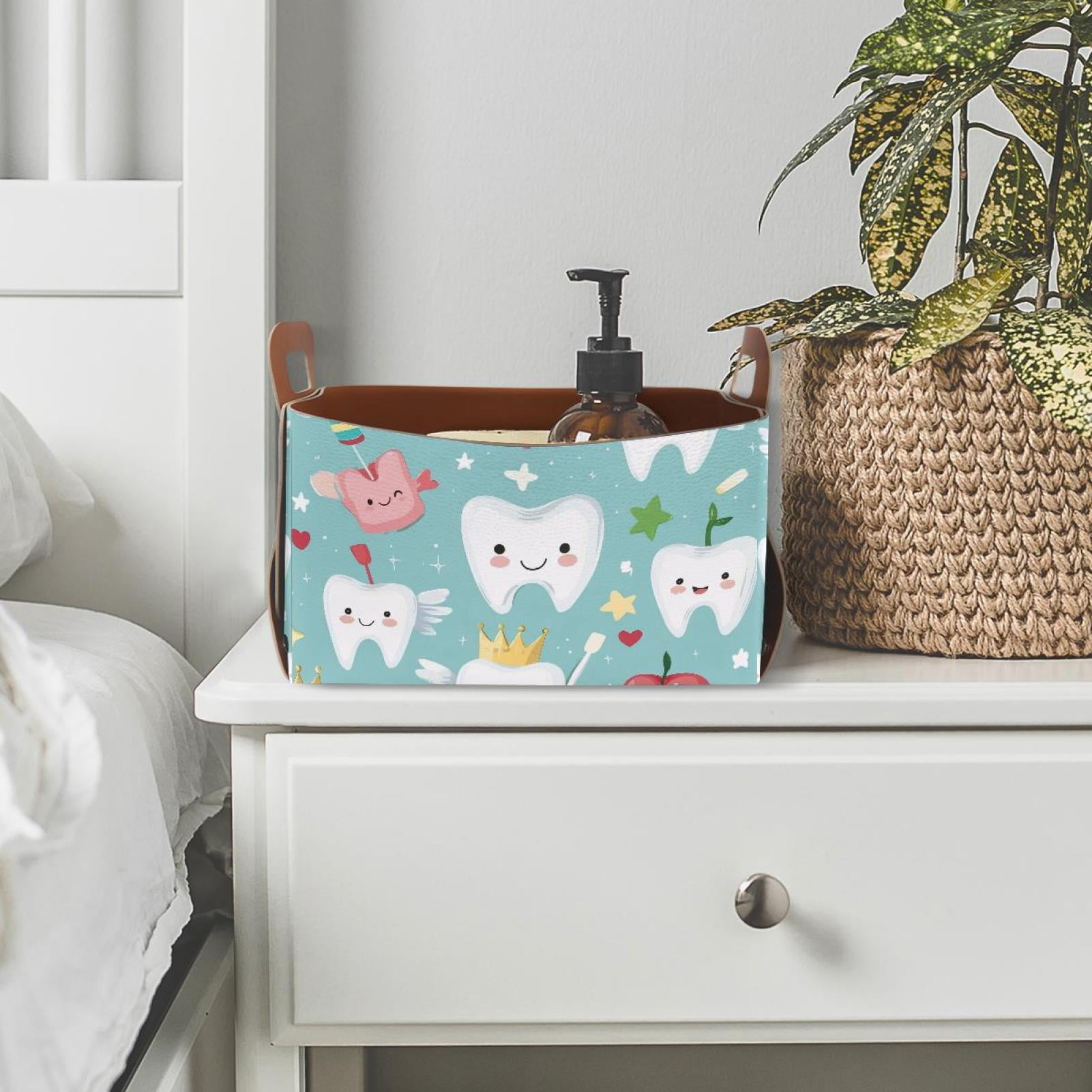 Cartoon Tooth Fruits Storage Basket Collapsible Storage Bin, PU Foldable Basket Convenient Box Storage Organizer with Handles for Shelves Office Bedroom Closet Nursery Toys Laundry